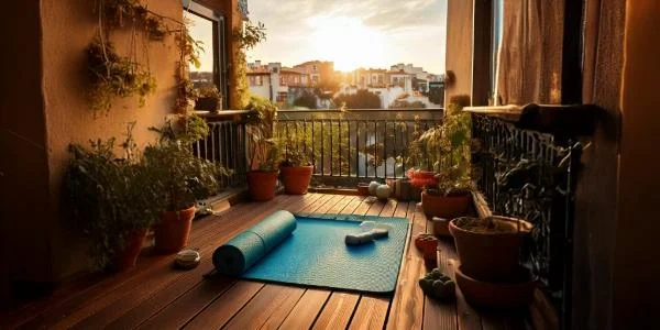 Balcon aménagé en espace workout avec tapis de yoga et accessoires de sport, parfait pour s’entraîner en plein air.