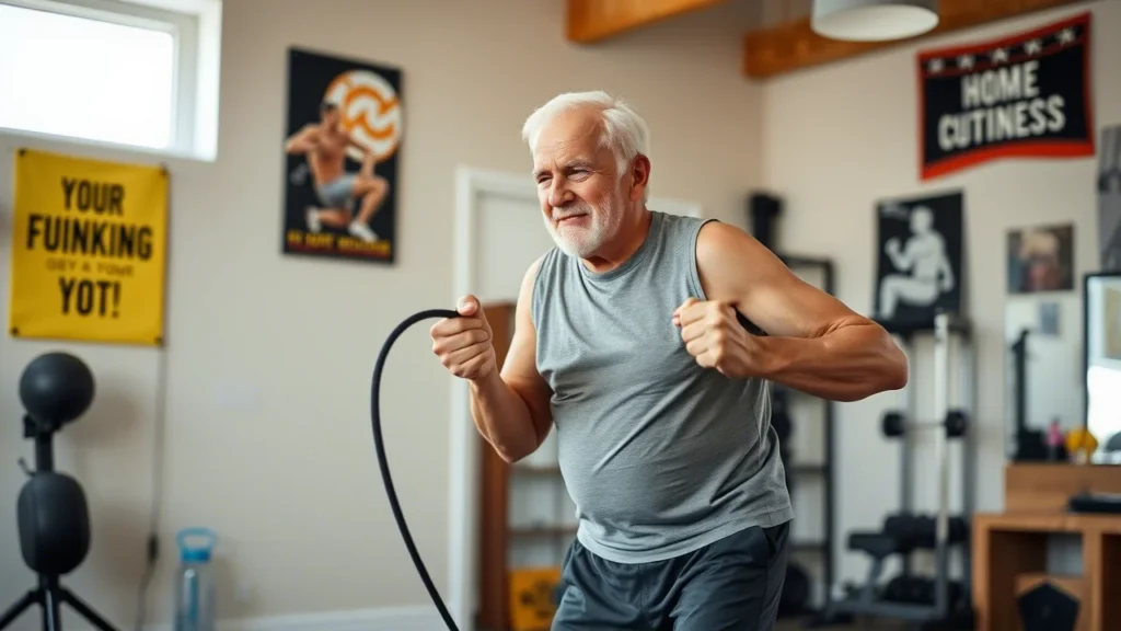 Un senior entrain de faire une seance de cardio dans son salon