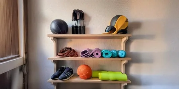 Étagère murale organisée avec bandes élastiques, corde à sauter et gants de fitness pour un espace workout pratique et fonctionnel.
