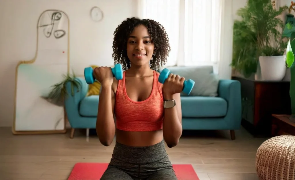 Débutant faisant du cardio à domicile avec sourire. Programme de Cardio à Domicile pour Débutants