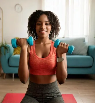 Débutant faisant du cardio à domicile avec sourire. Programme de Cardio à Domicile pour Débutants