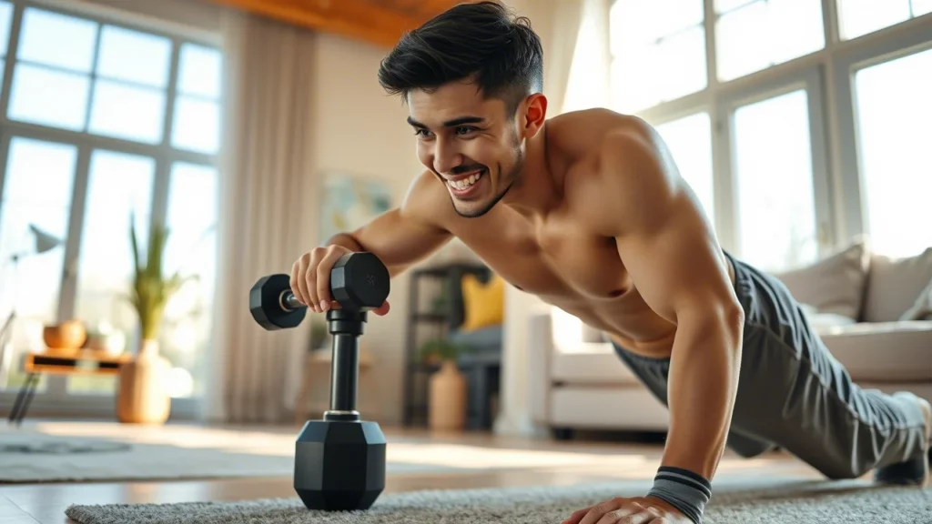 Une personne souriante faisant des exercices dans un salon lumineux. séance de cardio à domicile