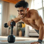 Une personne souriante faisant des exercices dans un salon lumineux. séance de cardio à domicile