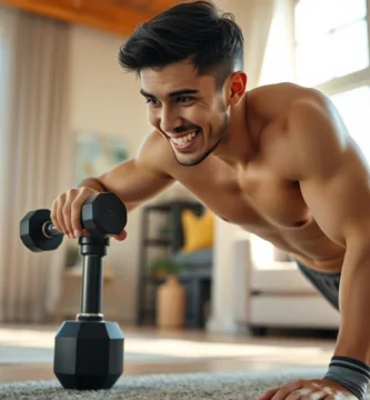 Une personne souriante faisant des exercices dans un salon lumineux. séance de cardio à domicile