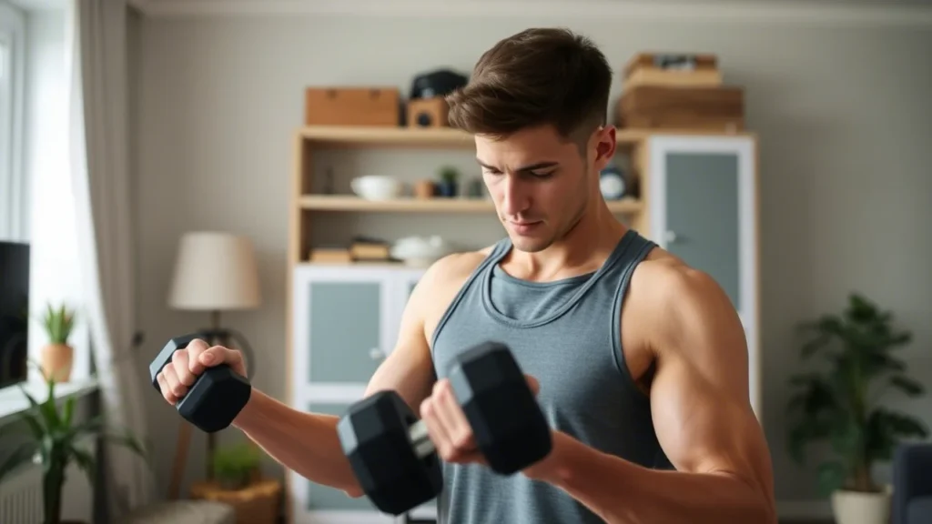 Utilisation de poids légers pour débutants lors d'un workout à domicile.