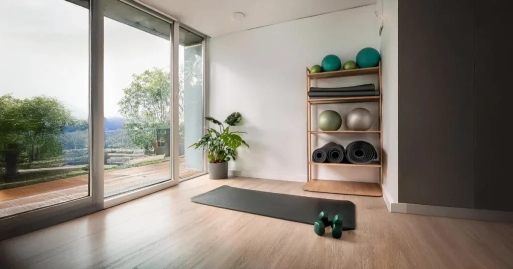 Coin fitness aménagé avec tapis de yoga, haltères rangés sur une étagère murale, miroir et plante verte pour une ambiance inspirante.