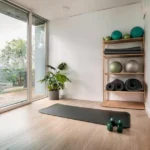 Coin fitness aménagé avec tapis de yoga, haltères rangés sur une étagère murale, miroir et plante verte pour une ambiance inspirante.